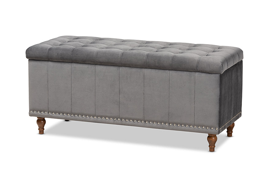 baxton studio kaylee modern and contemporary grey velvet fabric upholstered button tufted storage ottoman bench | Modish Furniture Store-2