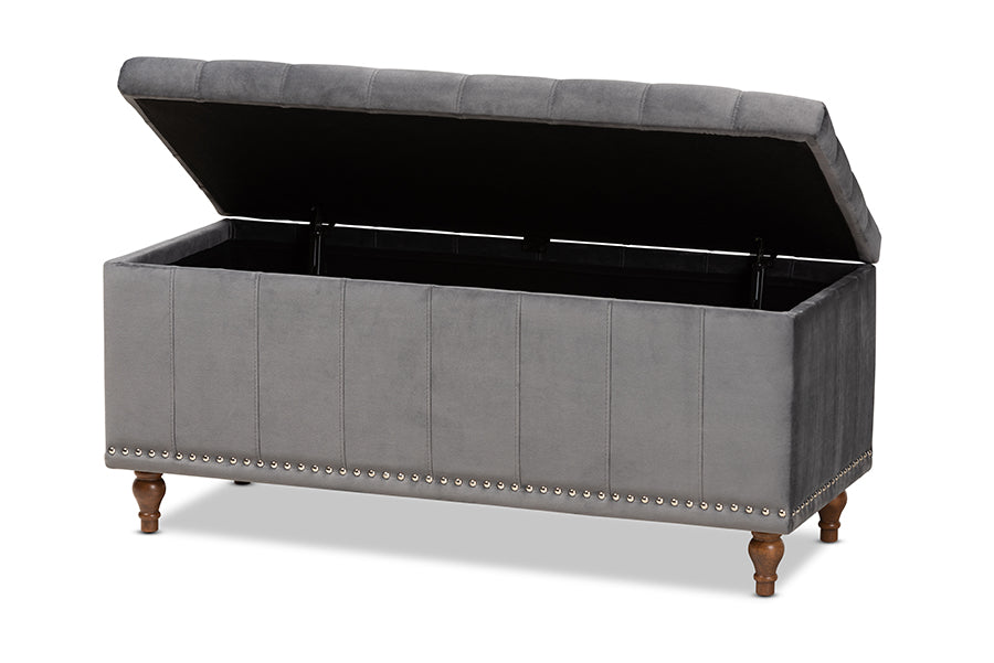 baxton studio kaylee modern and contemporary grey velvet fabric upholstered button tufted storage ottoman bench | Modish Furniture Store-3