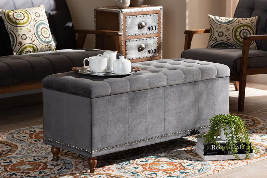 Baxton Studio Kaylee Modern and Contemporary Grey Velvet Fabric Upholstered Button-Tufted Storage Ottoman Bench | Modishstore | Ottomans