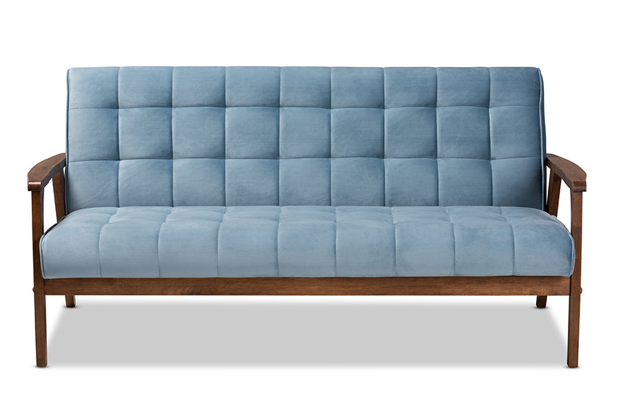 baxton studio asta mid century modern light blue velvet fabric upholstered walnut finished wood sofa | Modish Furniture Store-3