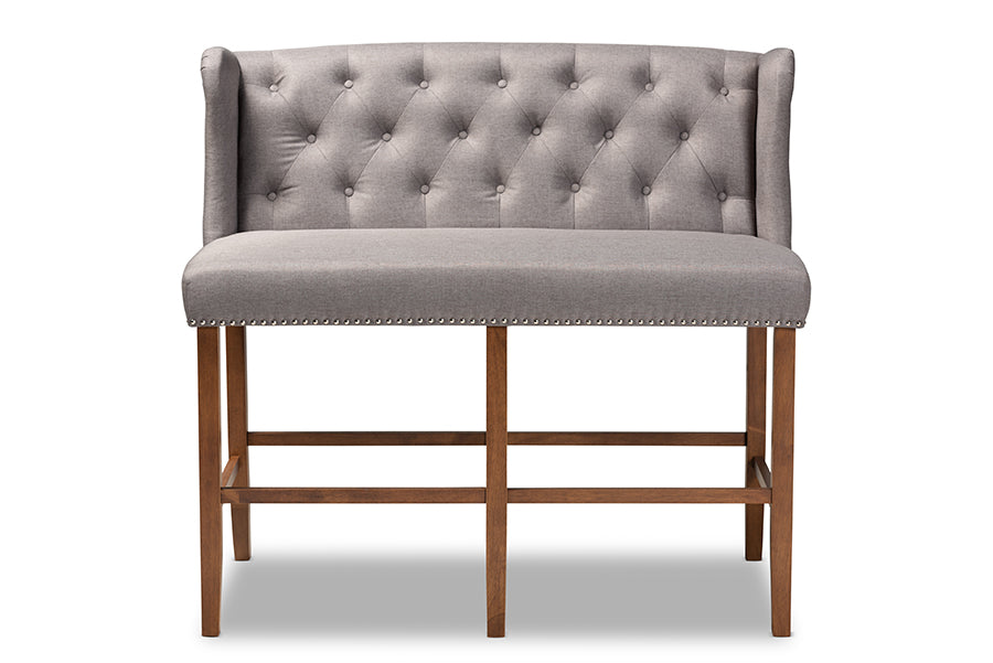 baxton studio alira modern and contemporary grey fabric upholstered walnut finished wood button tufted bar stool bench | Modish Furniture Store-3