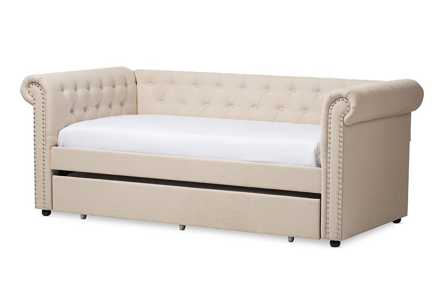 baxton studio mabelle modern and contemporary beige fabric trundle daybed | Modish Furniture Store-3