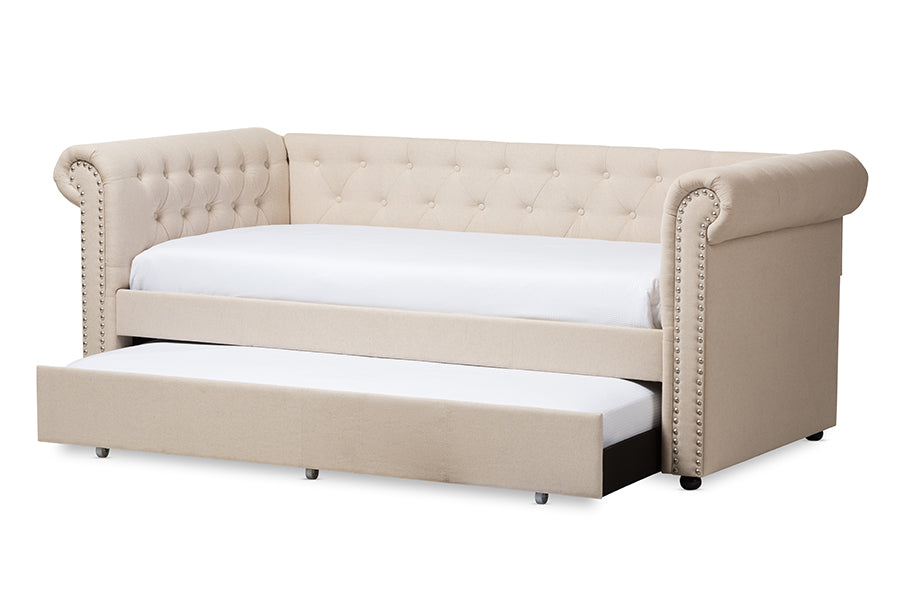 baxton studio mabelle modern and contemporary beige fabric trundle daybed | Modish Furniture Store-2