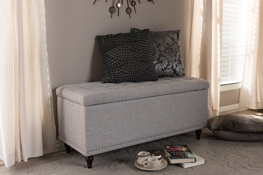 baxton studio kaylee modern classic beige fabric upholstered button tufting storage ottoman bench | Modish Furniture Store-5