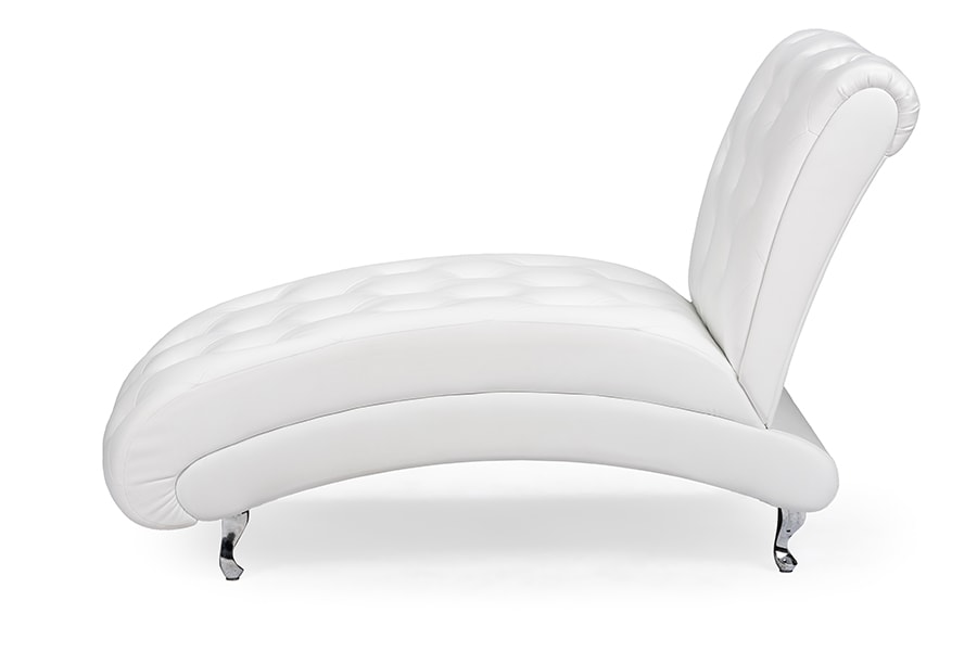 baxton studio pease contemporary white faux leather upholstered crystal button tufted chaise lounge | Modish Furniture Store-4