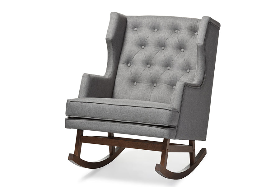 Baxton Studio Iona Mid century Retro Modern Grey Fabric Upholstered Button tufted Wingback Rocking Chair