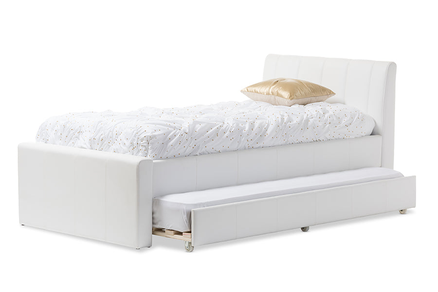 baxton studio cosmo modern and contemporary white faux leather twin size trundle bed | Modish Furniture Store-2