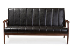 Baxton Studio Nikko Mid-century Modern Scandinavian Style Black Faux Leather Wooden 3-Seater Sofa