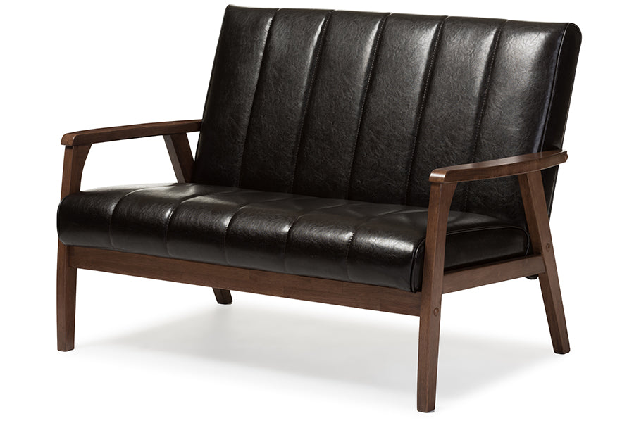 baxton studio nikko mid century modern scandinavian style dark brown faux leather wooden 2 seater loveseat | Modish Furniture Store-2