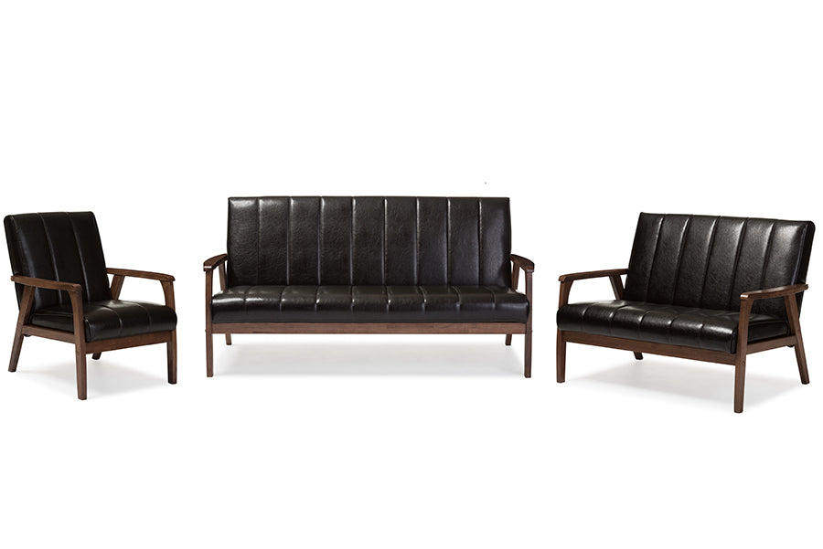 baxton studio nikko mid century modern scandinavian style dark brown faux leather 3 pieces living room sets | Modish Furniture Store-2