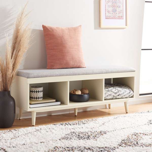 Safavieh Cricket Open Shelf Bench W/ Cushion - Gray Linen | Benches | Modishstore