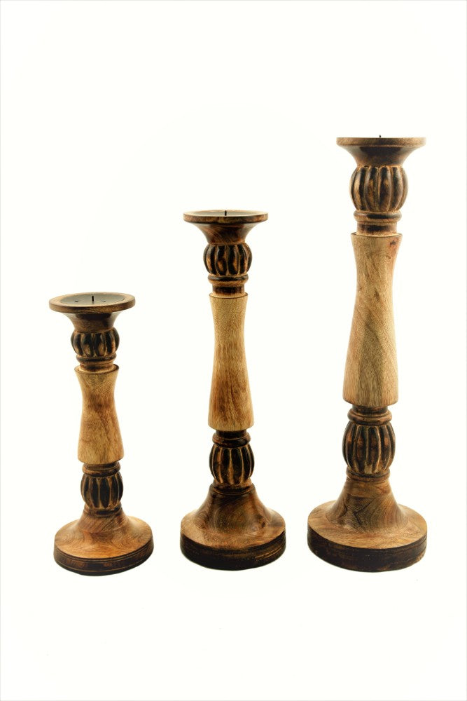 Benzara Mango Wood Vintage Style Candleholder/Candlestick, Set Of 3, Brown By Benzara | Candle Holders |  Modishstore  - 2