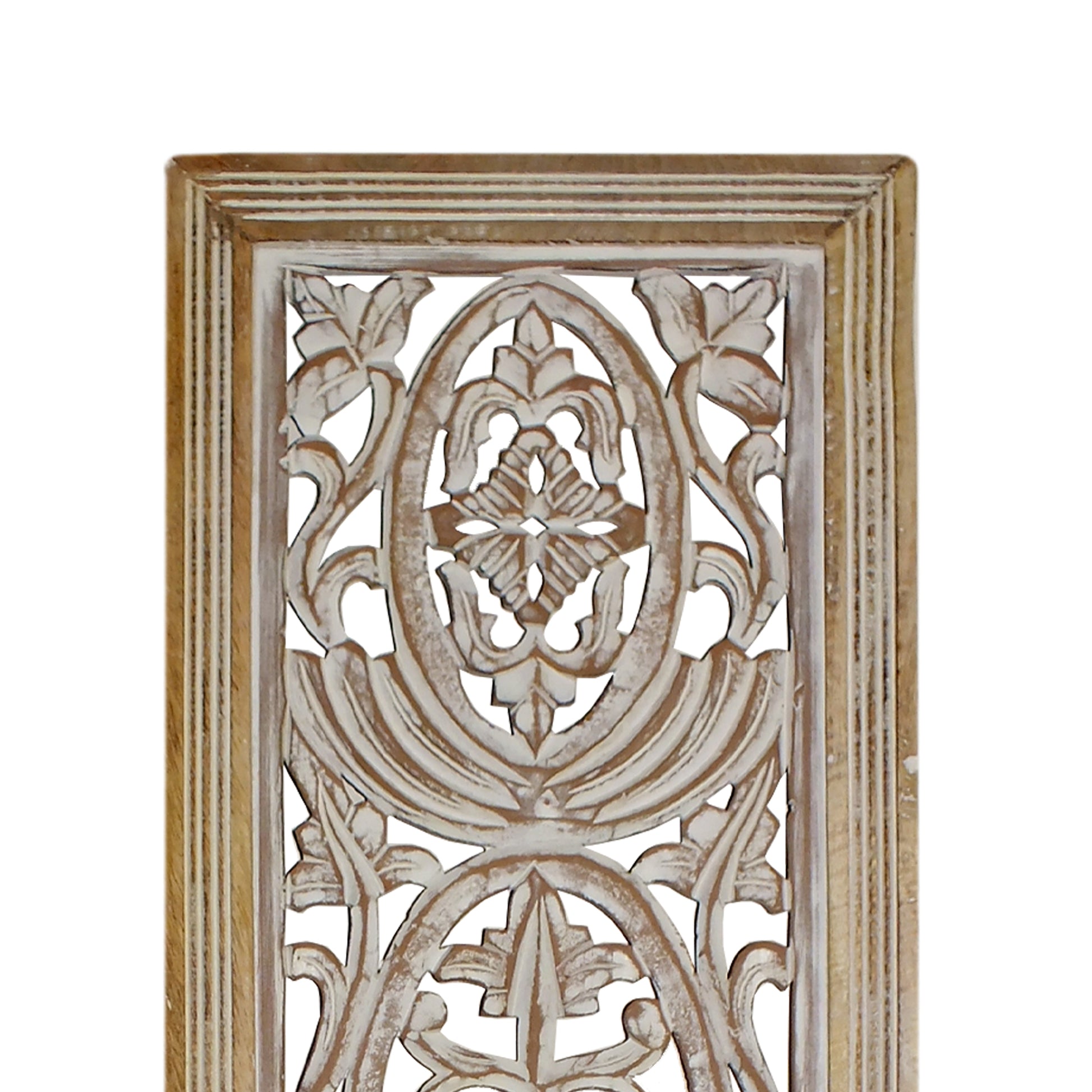 Rectangular Mango Wood Wall Panel Hand Crafted With Intricate Carving, White And Brown  By Benzara | Wall Decor |  Modishstore  - 5