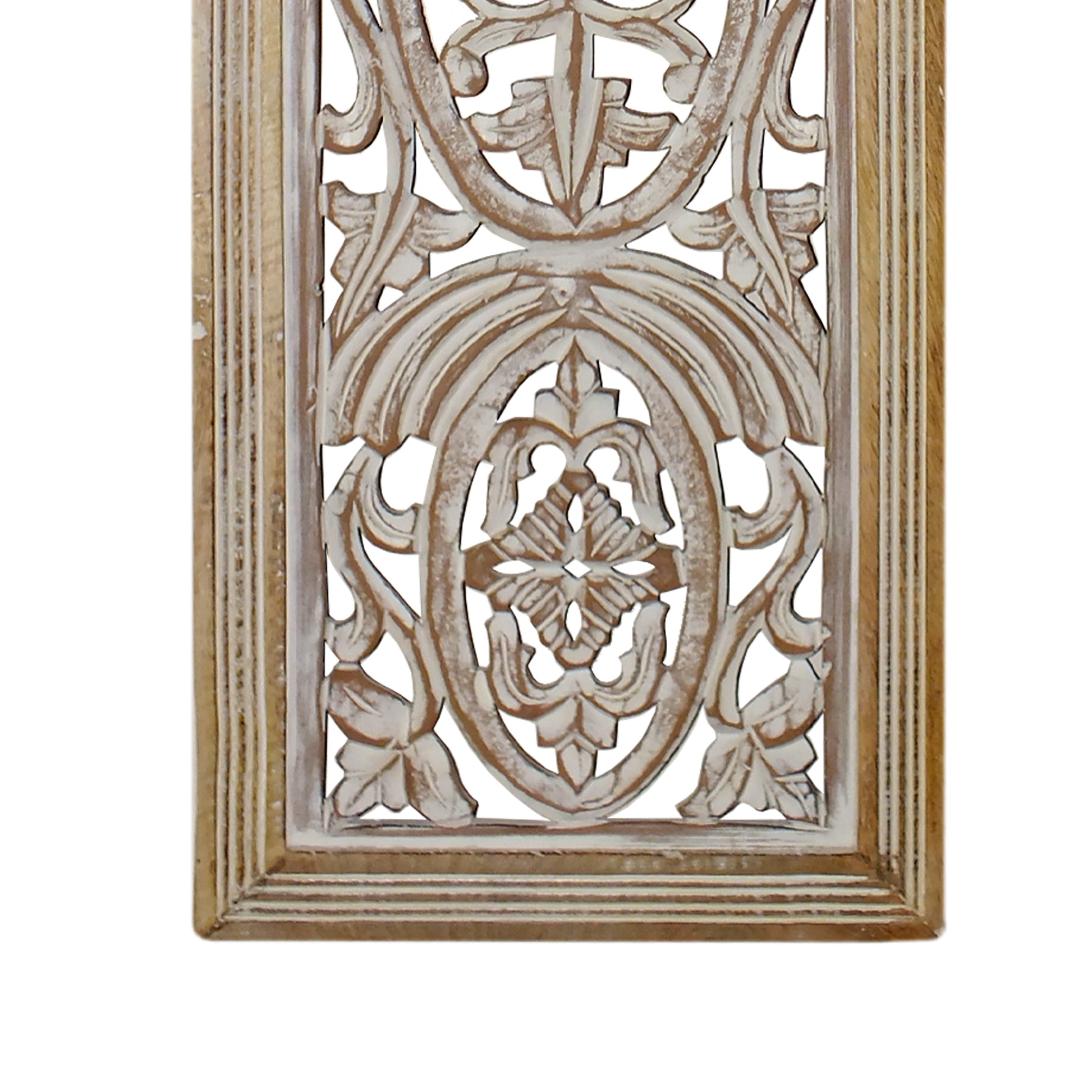 Rectangular Mango Wood Wall Panel Hand Crafted With Intricate Carving, White And Brown  By Benzara | Wall Decor |  Modishstore  - 2