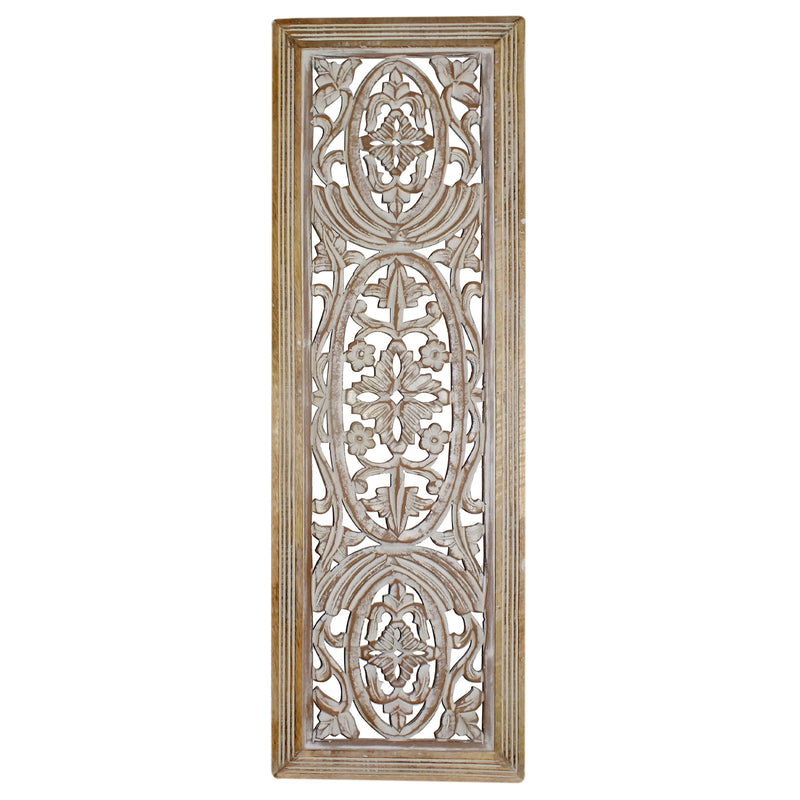 Rectangular Mango Wood Wall Panel Hand Crafted With Intricate Carving, White And Brown  By Benzara | Wall Decor |  Modishstore 