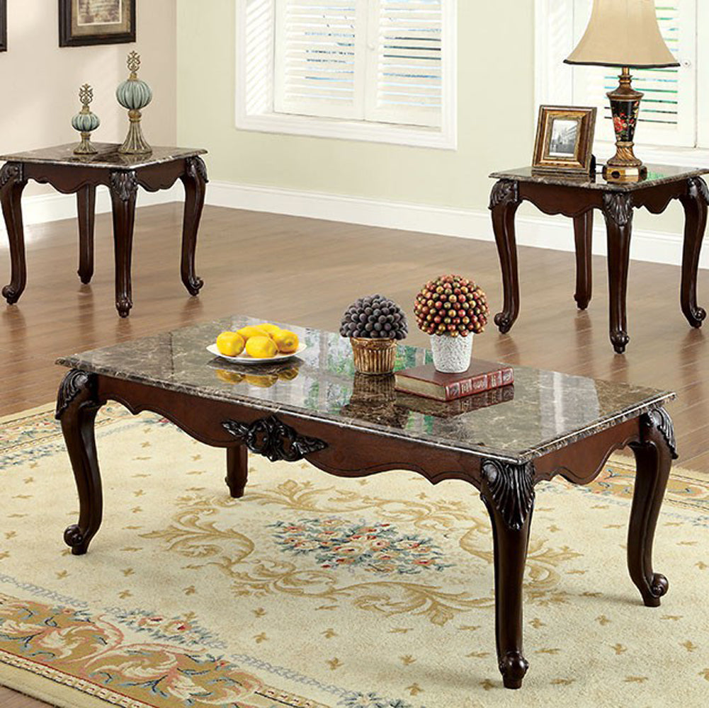 Traditional 3 Piece Coffee Table Set Dark Cherry Brown By Benzara