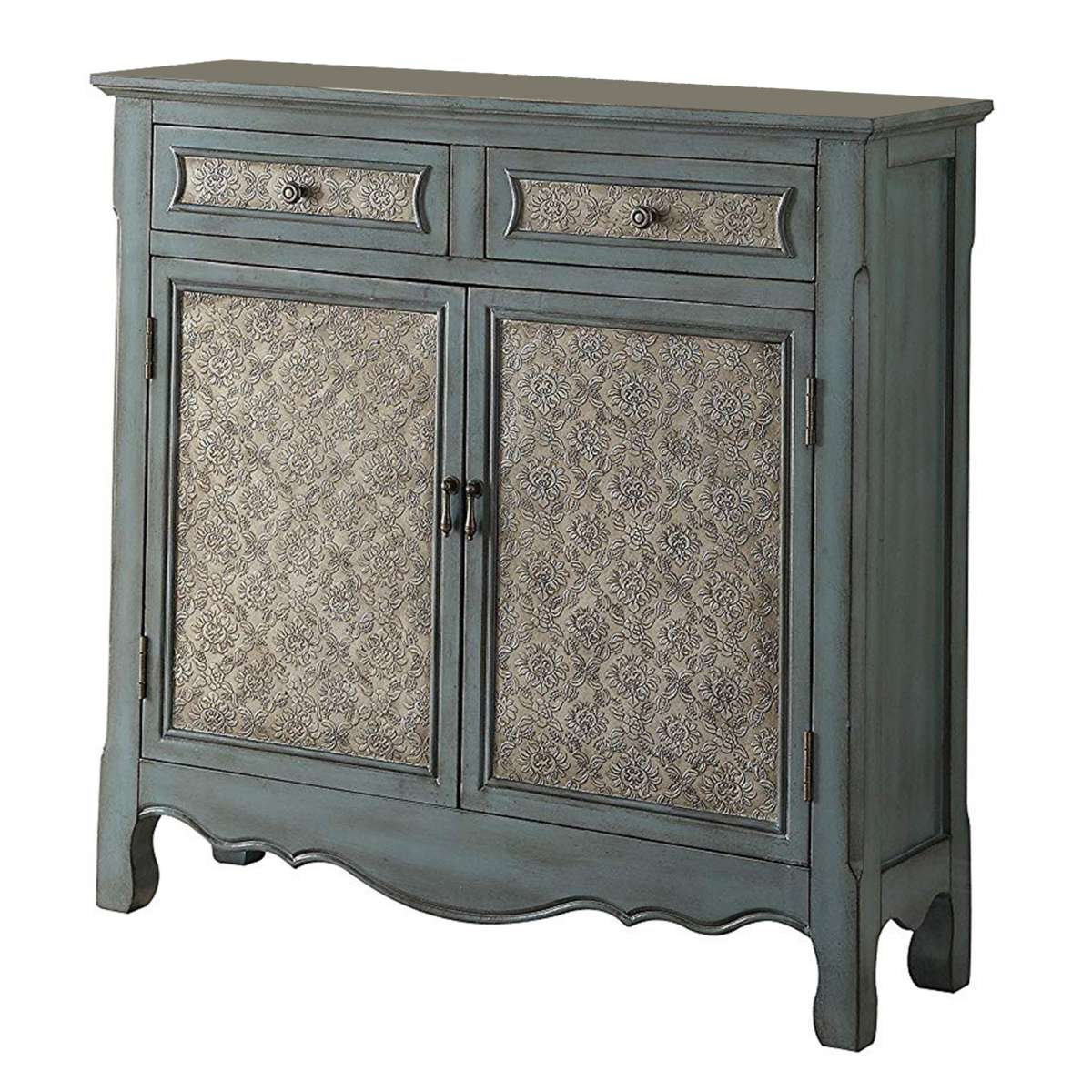 2 Door Cabinet Wooden Console Table With Scalloped Apron, Distressed Blue  By Benzara | Console Tables |  Modishstore  - 3