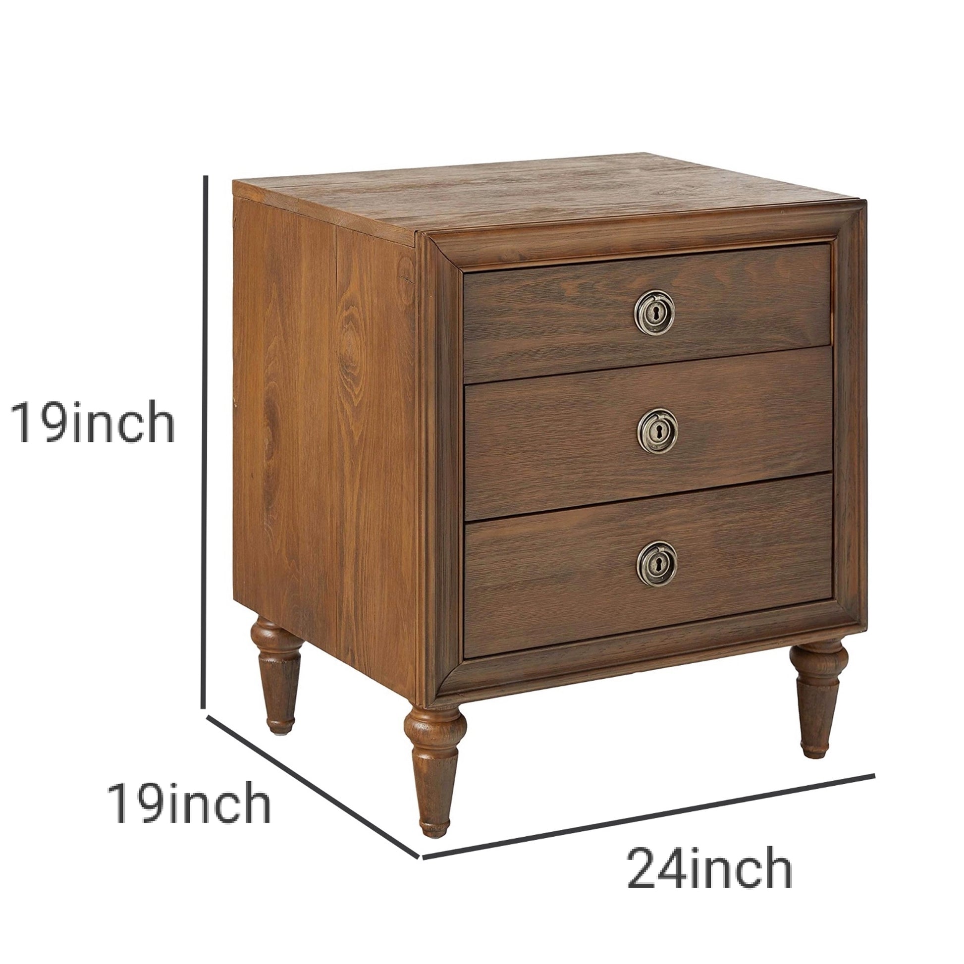 3 Drawer Wooden Nightstand With Turned Tapered Legs, Brown By Benzara | Nightstands | Modishstore - 4