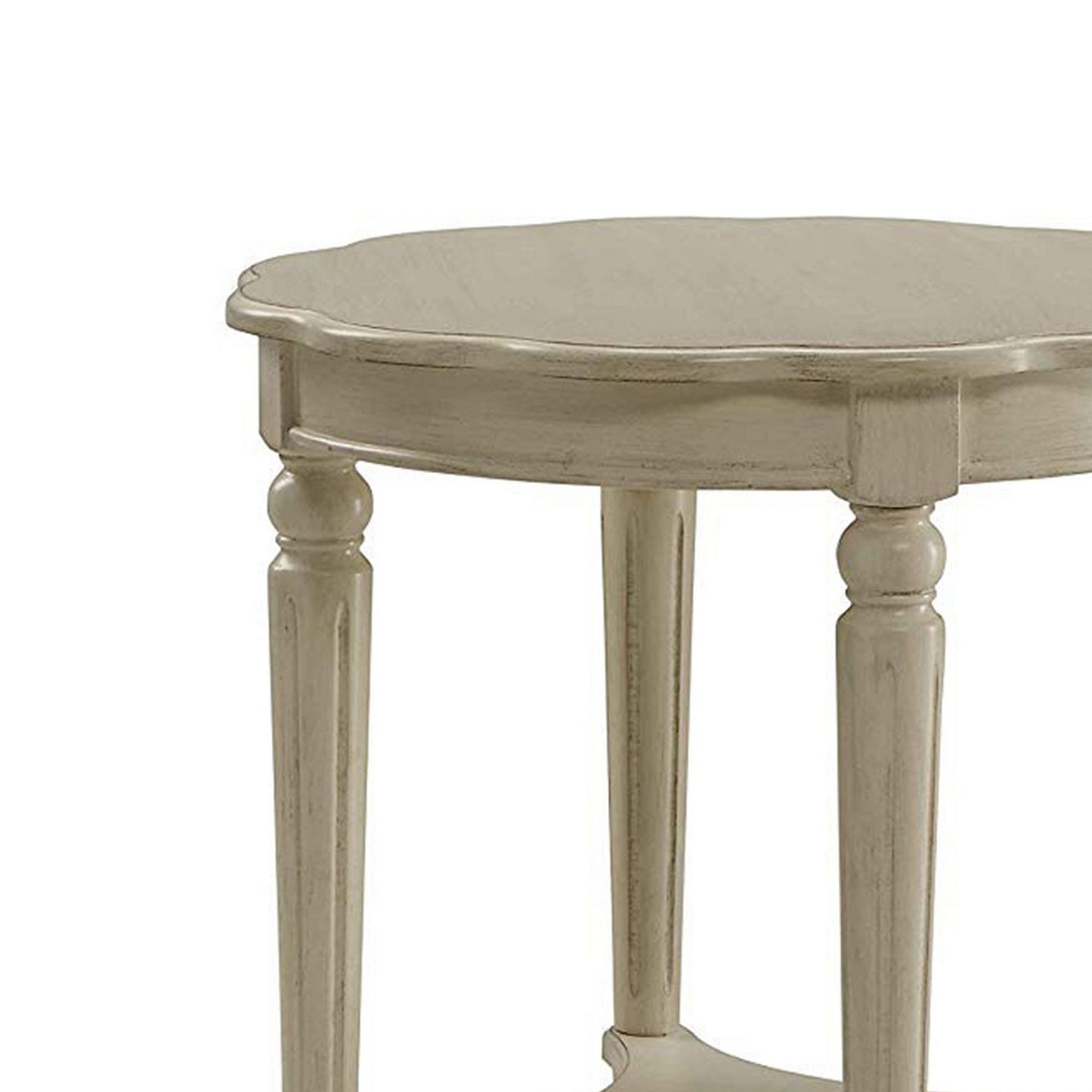 Wooden End Table With Scalloped Round Top And Turned Legs, Antique White By Benzara | Side Tables | Modishstore - 2