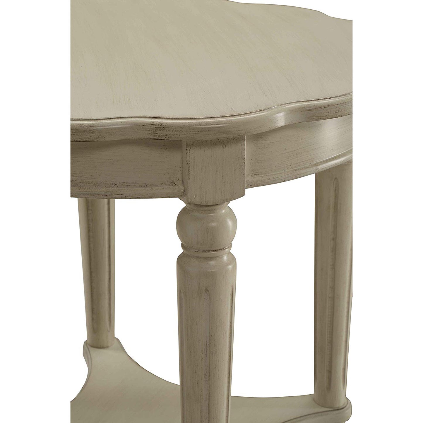 Wooden End Table With Scalloped Round Top And Turned Legs, Antique White By Benzara | Side Tables | Modishstore - 3