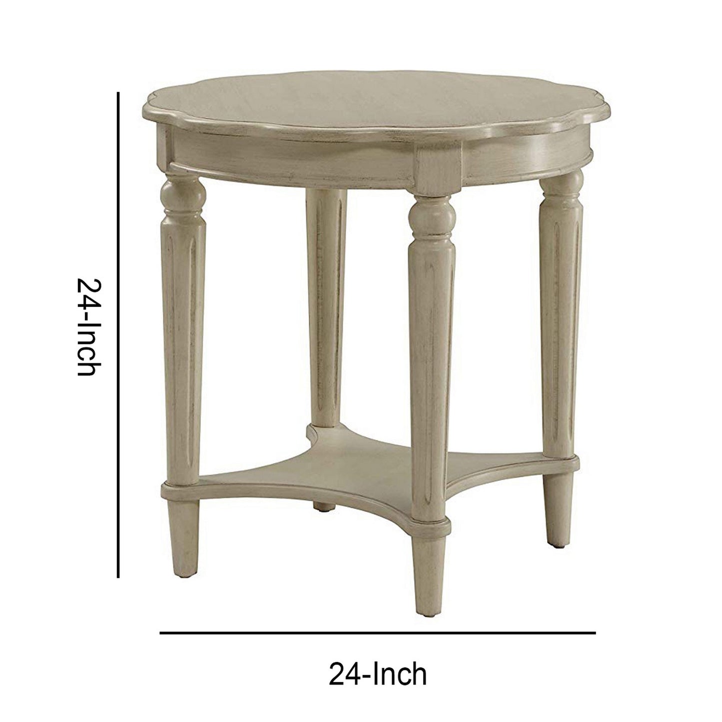 Wooden End Table With Scalloped Round Top And Turned Legs, Antique White By Benzara | Side Tables | Modishstore - 5