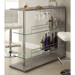 Radiant Rectangular Bar Table With 2 Shelves And Wine Holder, Gray  By Benzara