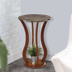 Transitional Wooden Plant Stand With Faux Marble Top, Brown By Benzara