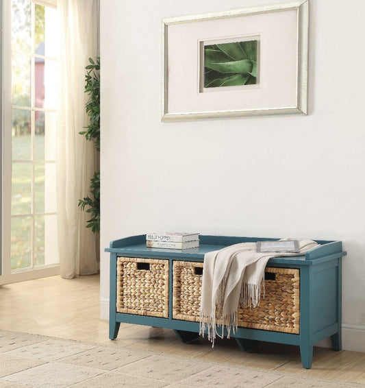 Rectangular Wooden Storage Bench With Rattan Like Weaved 3 Drawers, Blue By Benzara | Benches |  Modishstore 
