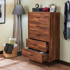 Enchanting  Wooden Chest With 5 Drawers, Walnut Brown By Benzara