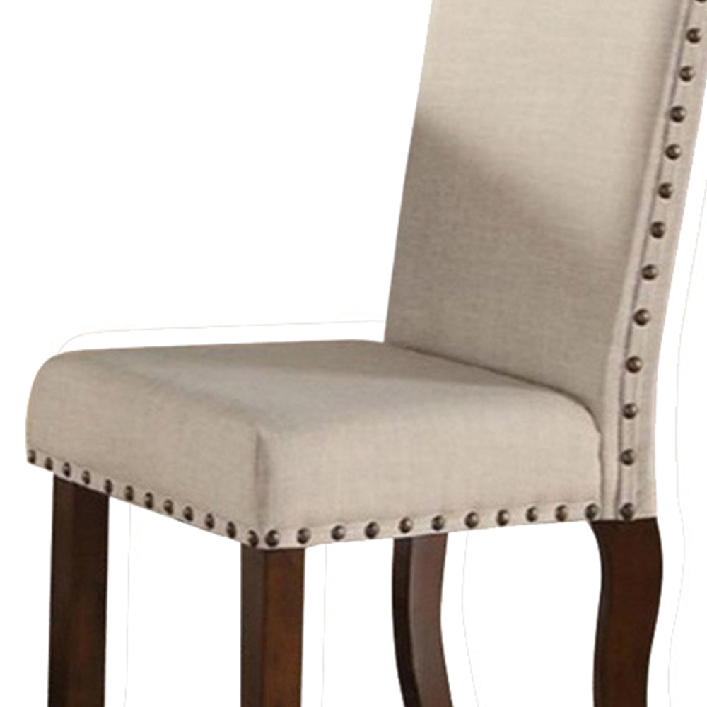 Rubber Wood Dining Chair With Nail Head Trim, Set Of 2, Brown And Cream By Benzara | Dining Chairs | Modishstore - 3