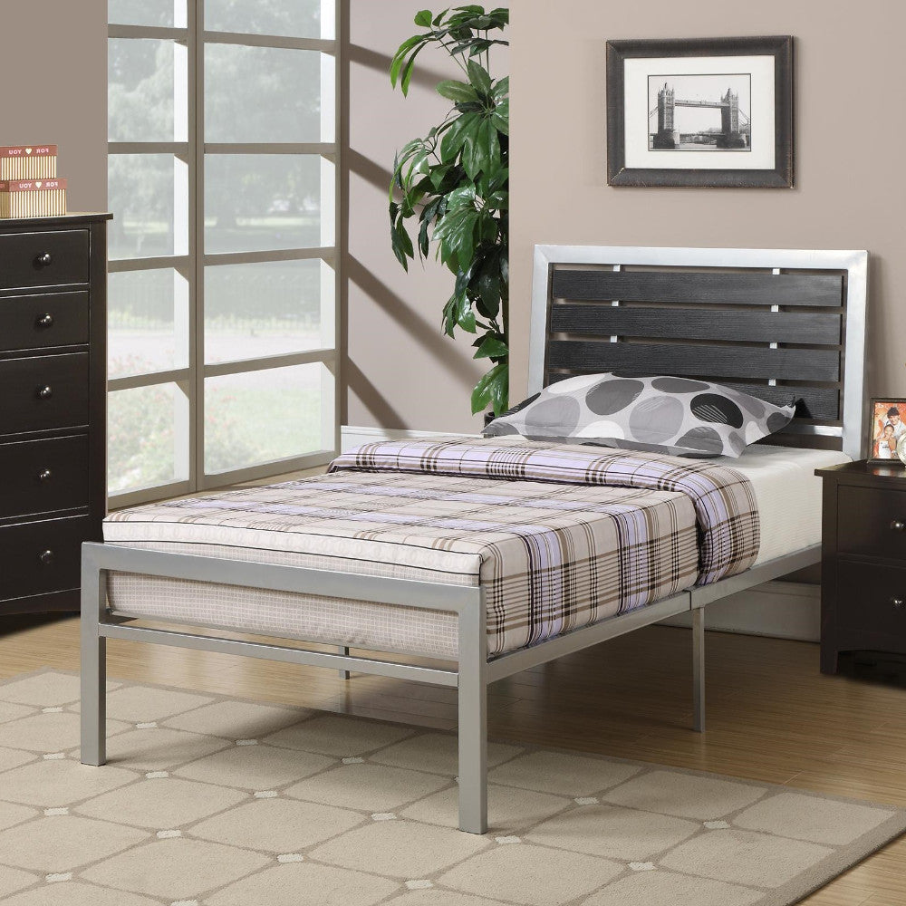 Metal Twin Size Bed With Wood Panel Headboard, Silver & Black By Benzara | Beds |  Modishstore 