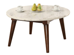 Wood Base Coffee Table With Marble Top, Walnut Brown By Benzara