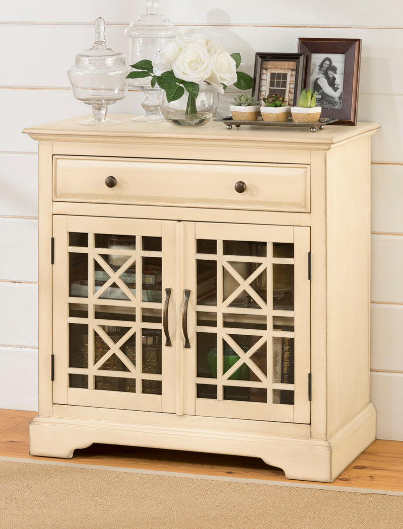 Craftman Series 32 Inch Wooden Accent Cabinet With Fretwork Glass Front, Cream By Benzara | Cabinets | Modishstore