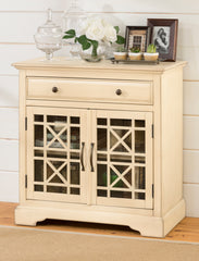 Craftman Series 32 Inch Wooden Accent Cabinet With Fretwork Glass Front, Cream By Benzara