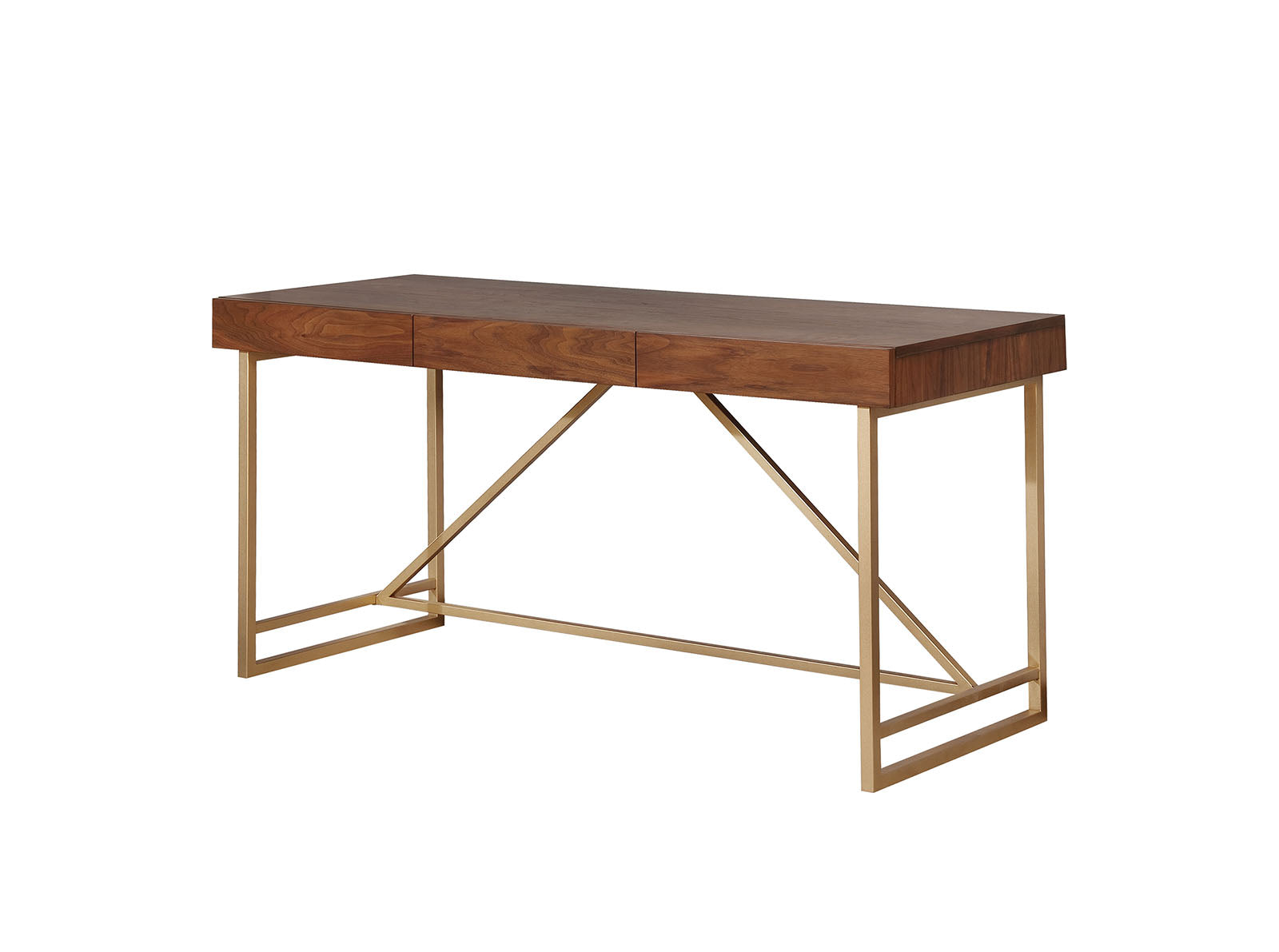 Modern Style Wooden Writing Desk With Unique Metal Legs, Walnut Brown And Gold By Benzara | Desks |  Modishstore  - 2