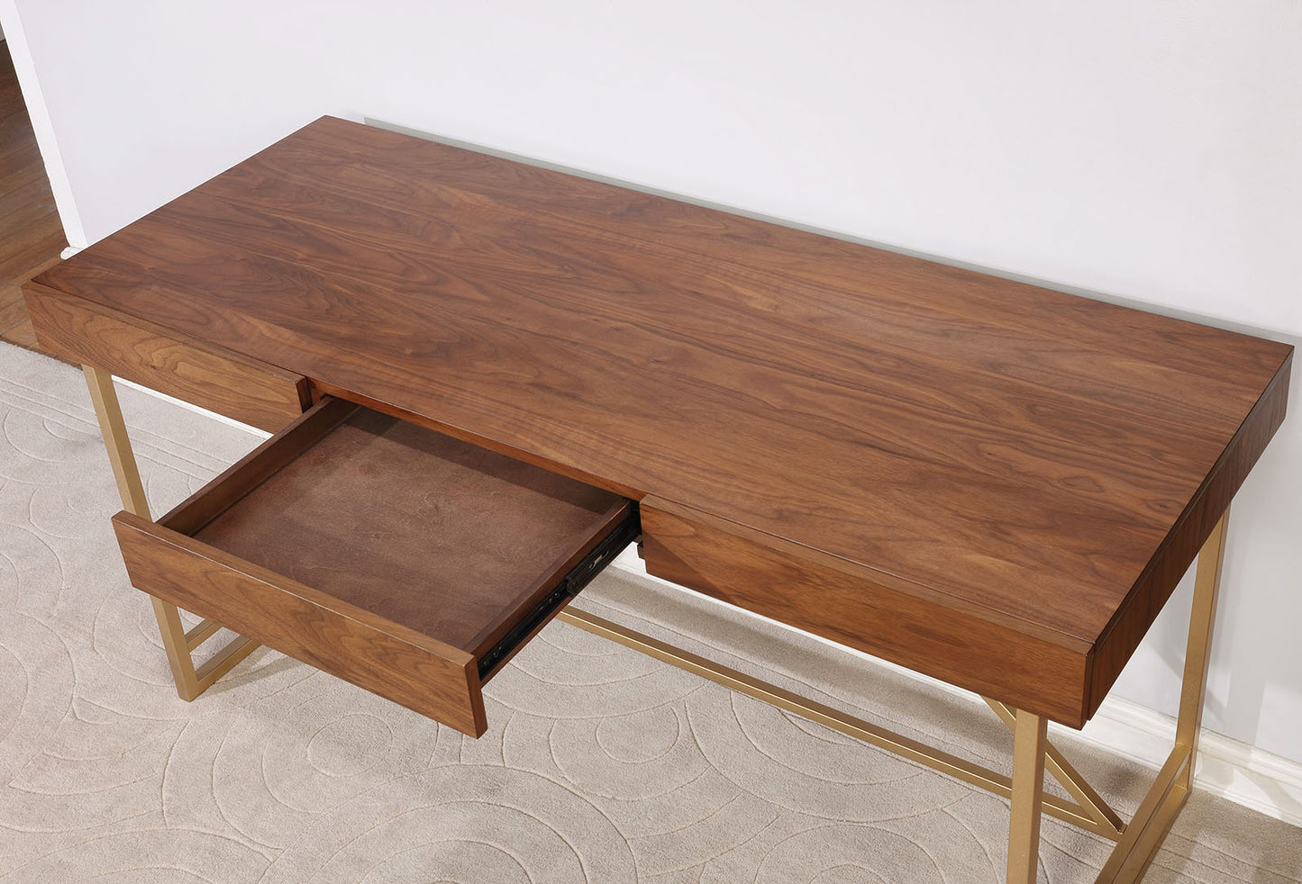 Modern Style Wooden Writing Desk With Unique Metal Legs, Walnut Brown And Gold By Benzara | Desks |  Modishstore  - 3