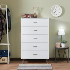 Contemporary Style Wooden Chest With Five Drawers, White  By Benzara