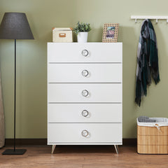 Five Drawers Wooden Chest In Contemporary Style, White  By Benzara