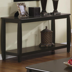 Contemporary Style Solid Wood Sofa Table With Slightly Rounded Shape, Dark Brown  By Benzara