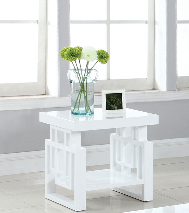 Contemporary Wooden End Table With Designer Sides & Shelf, Glossy White By Benzara | End Tables |  Modishstore 