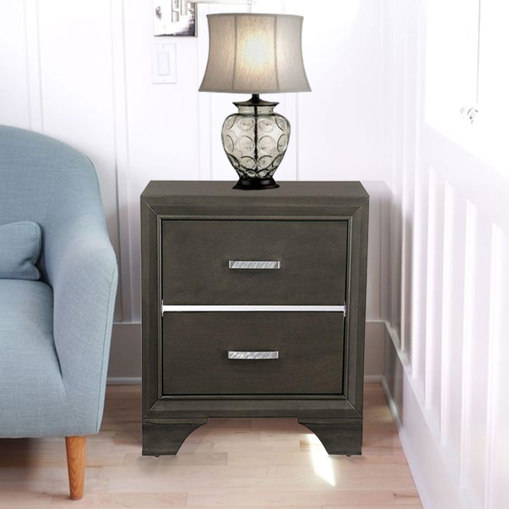 Wooden Two Drawer Nightstand With Bracket Legs, Gray By Benzara | Nightstands |  Modishstore  - 2