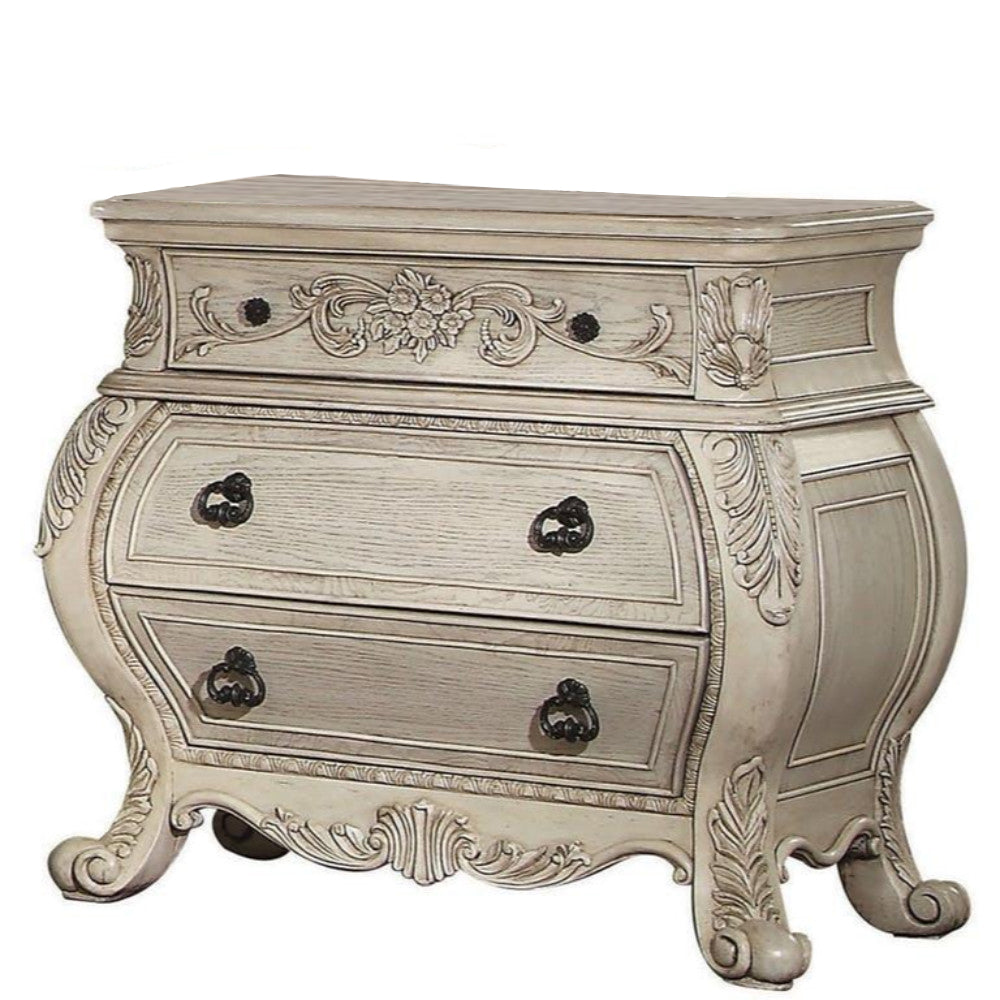 Three Drawer Wooden Nightstand With Scrolled Feet, Antique White By Benzara | Nightstands |  Modishstore 