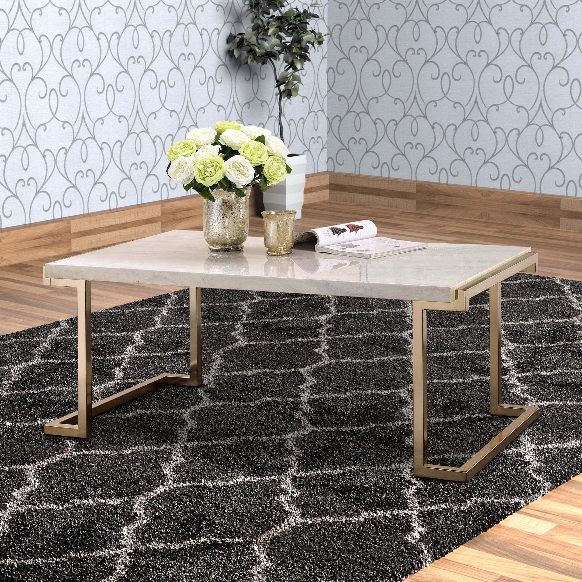 Faux Marble Top Coffee Table With Metal Base White And Gold By