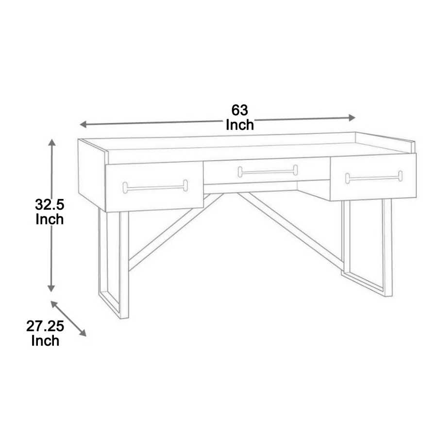 Three Drawers Wooden Desk With Tubular Metal Base And Bar Handles, Brown And Black By Benzara | Desks |  Modishstore  - 5