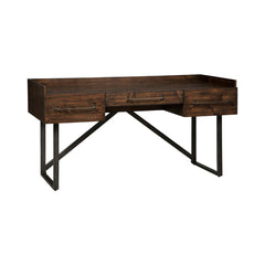 Three Drawers Wooden Desk With Tubular Metal Base And Bar Handles, Brown And Black By Benzara