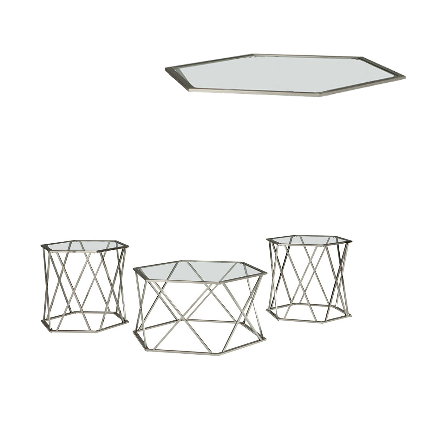 Hexagonal Design Metal Framed Table Set With Inserted Glass Top, Set Of Three, Silver And Clear By Benzara | Accent Tables | Modishstore - 2