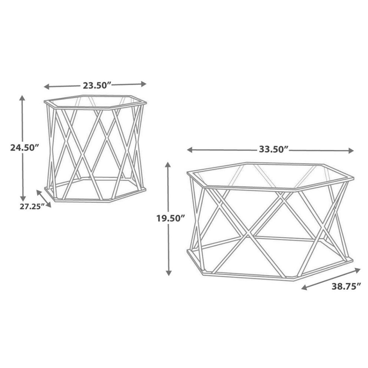 Hexagonal Design Metal Framed Table Set With Inserted Glass Top, Set Of Three, Silver And Clear By Benzara | Accent Tables | Modishstore - 3