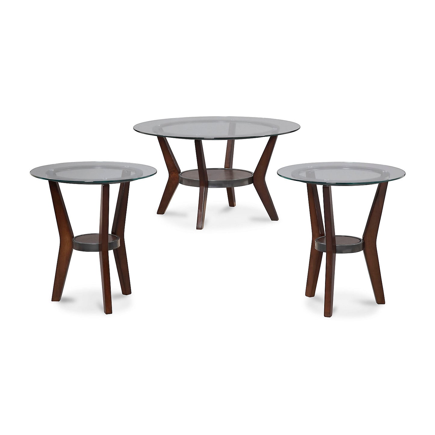 Round Wooden Table Set With Glass Top And Lower Shelf, Set Of Three, Brown And Clear By Benzara | Accent Tables | Modishstore - 2