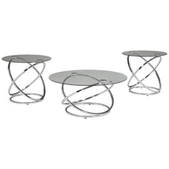 Contemporary Glass Top Table Set With Metal Rings Base, Clear And Silver By Benzara