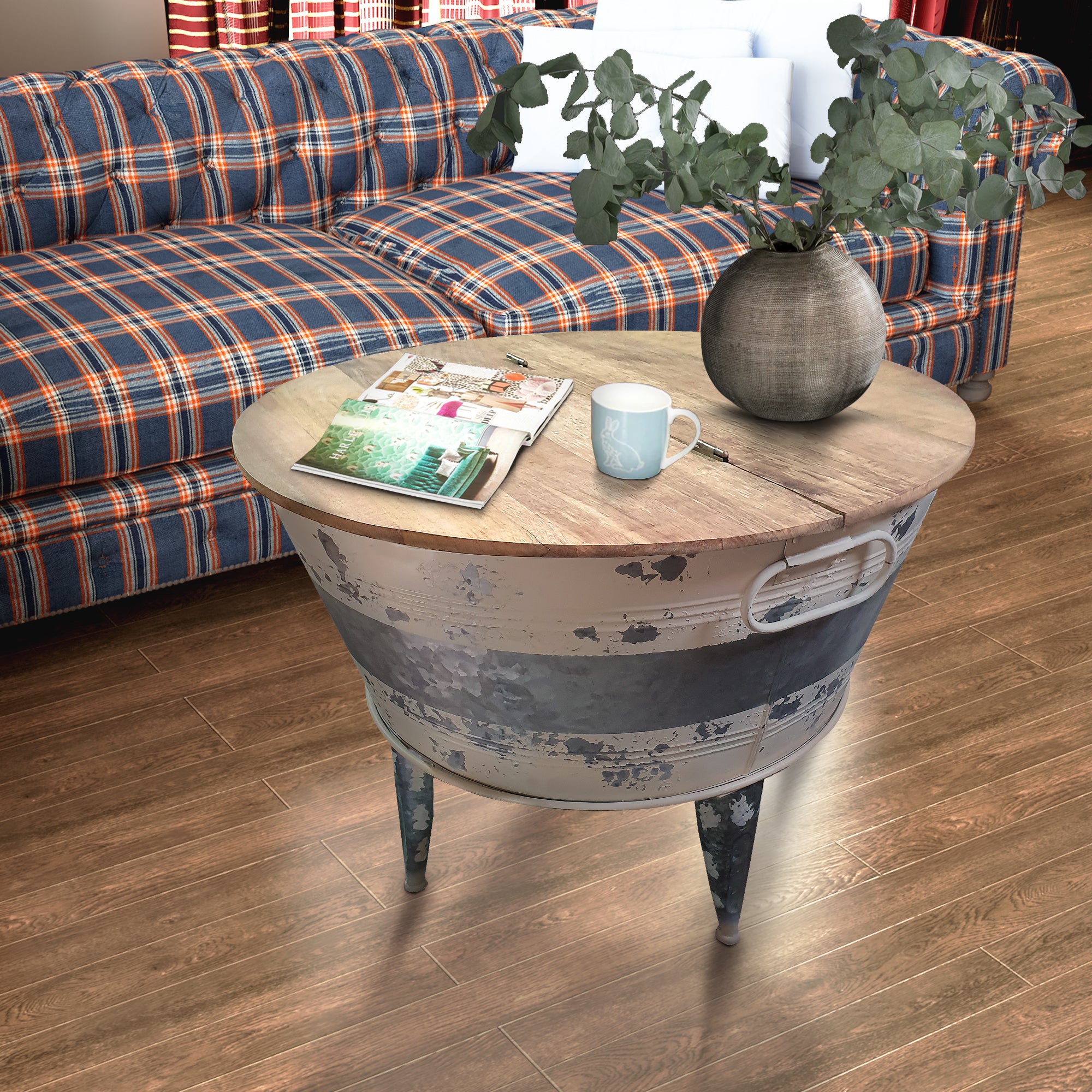 Distressed Wood And Metal Storage Coffee Table With Hinged Lift